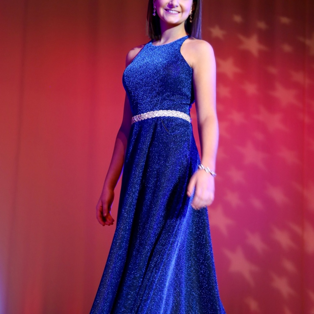 Jovani Royal Blue Maxi Dress with Gold Accents